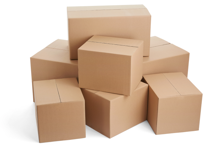 A stack of seven closed cardboard boxes, arranged in a pyramid formation on a white background.