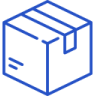 Blue line drawing of a closed cardboard box with tape and shipping labels.