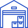 Blue outline icon of a warehouse with a large entrance and three stacked boxes inside.